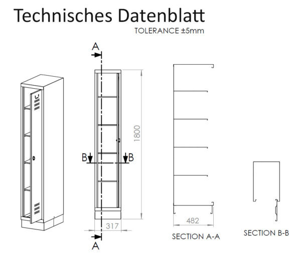 Technisches Datenblatt Metallspind John mit 5 Einlagefächern